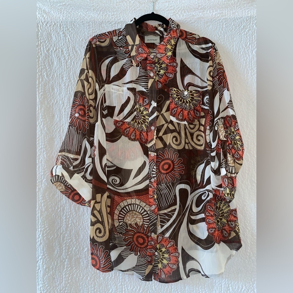 Avenue Sheer 3/4 Sleeve Button Down Top